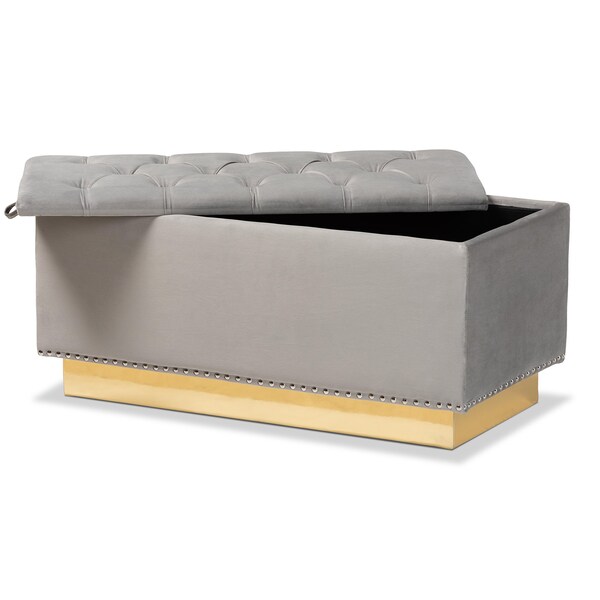 Baxton Studio Powell Glam and Luxe Grey Velvet Fabric and Gold PU Leather Storage Ottoman - 175-11236-ZORO