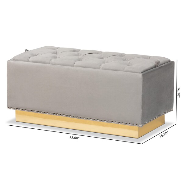 Baxton Studio Powell Glam and Luxe Grey Velvet Fabric and Gold PU Leather Storage Ottoman - 175-11236-ZORO