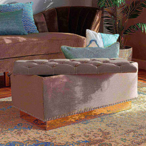 Baxton Studio Powell Glam and Luxe Grey Velvet Fabric and Gold PU Leather Storage Ottoman - 175-11236-ZORO