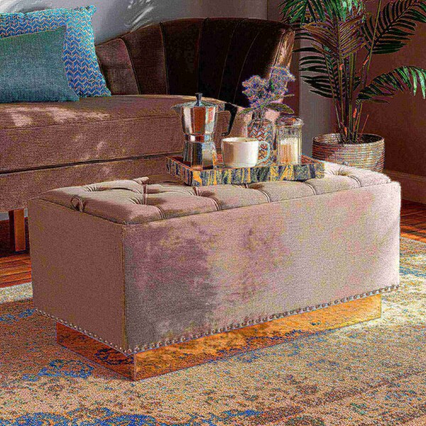 Baxton Studio Powell Glam and Luxe Grey Velvet Fabric and Gold PU Leather Storage Ottoman - 175-11236-ZORO