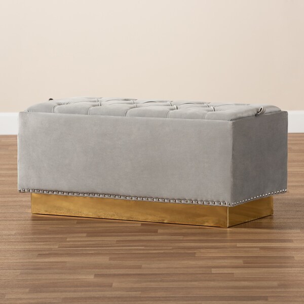 Baxton Studio Powell Glam and Luxe Grey Velvet Fabric and Gold PU Leather Storage Ottoman - 175-11236-ZORO