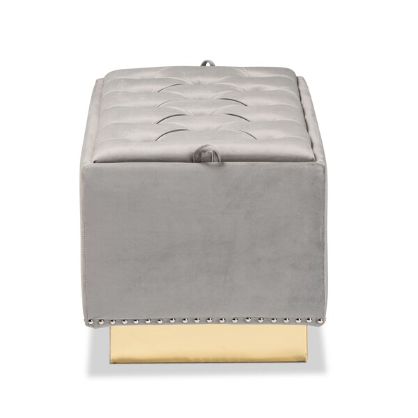 Baxton Studio Powell Glam and Luxe Grey Velvet Fabric and Gold PU Leather Storage Ottoman - 175-11236-ZORO