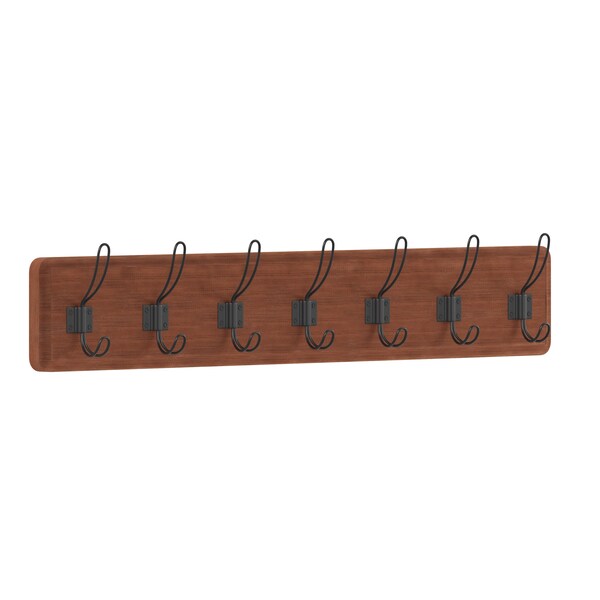 Flash Furniture Daly Wall Mounted 34in Brown Solid Pine Wood Storage Rack with 7 Hooks - HGWA-SCR-7-BRN-GG