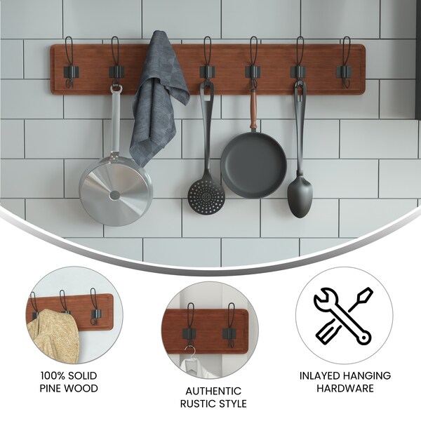 Flash Furniture Daly Wall Mounted 34in Brown Solid Pine Wood Storage Rack with 7 Hooks - HGWA-SCR-7-BRN-GG