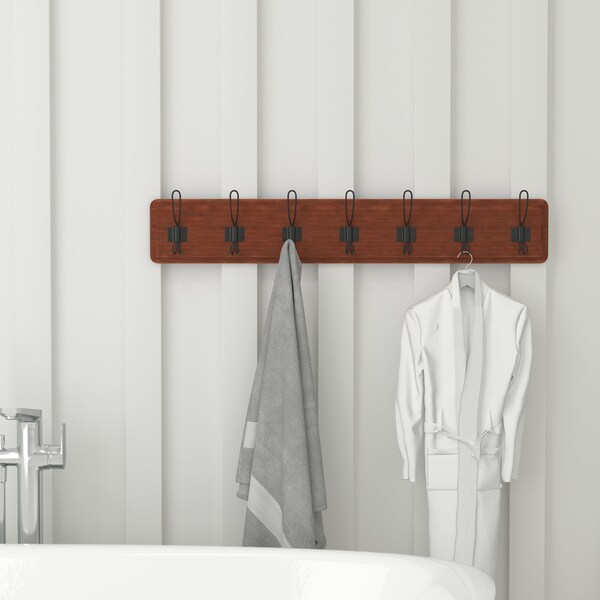 Flash Furniture Daly Wall Mounted 34in Brown Solid Pine Wood Storage Rack with 7 Hooks - HGWA-SCR-7-BRN-GG