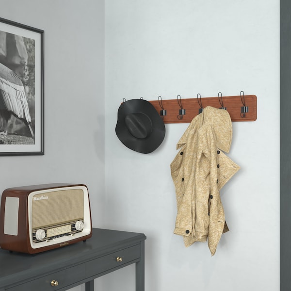 Flash Furniture Daly Wall Mounted 34in Brown Solid Pine Wood Storage Rack with 7 Hooks - HGWA-SCR-7-BRN-GG