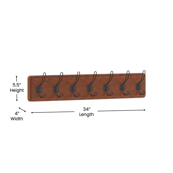 Flash Furniture Daly Wall Mounted 34in Brown Solid Pine Wood Storage Rack with 7 Hooks - HGWA-SCR-7-BRN-GG