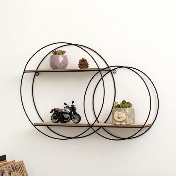 Vintiquewise Interlinked Round Wall-Mounted Shelf - Dual-Size Circular Design, Sturdy Metal Frame and - QI004691.RO2