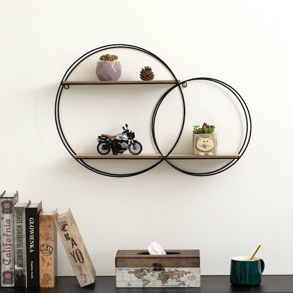 Vintiquewise Interlinked Round Wall-Mounted Shelf - Dual-Size Circular Design, Sturdy Metal Frame and - QI004691.RO2
