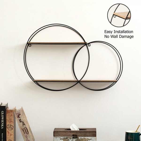Vintiquewise Interlinked Round Wall-Mounted Shelf - Dual-Size Circular Design, Sturdy Metal Frame and - QI004691.RO2