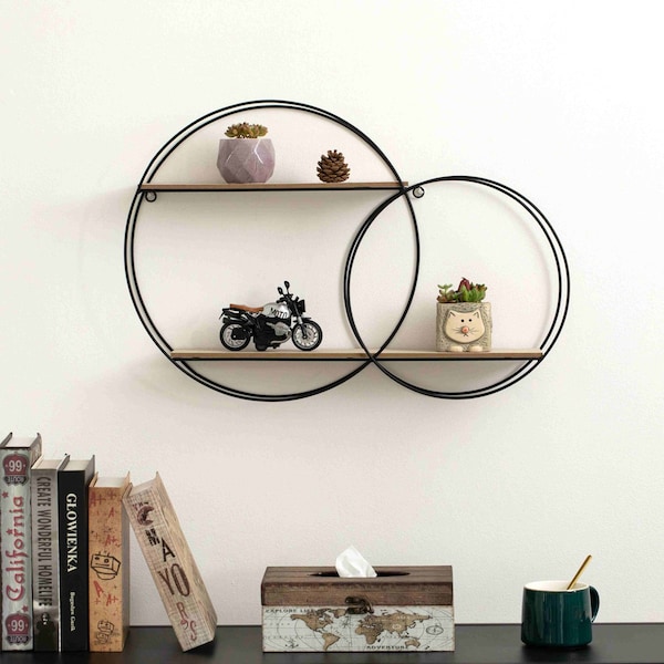 Vintiquewise Interlinked Round Wall-Mounted Shelf - Dual-Size Circular Design, Sturdy Metal Frame and - QI004691.RO2