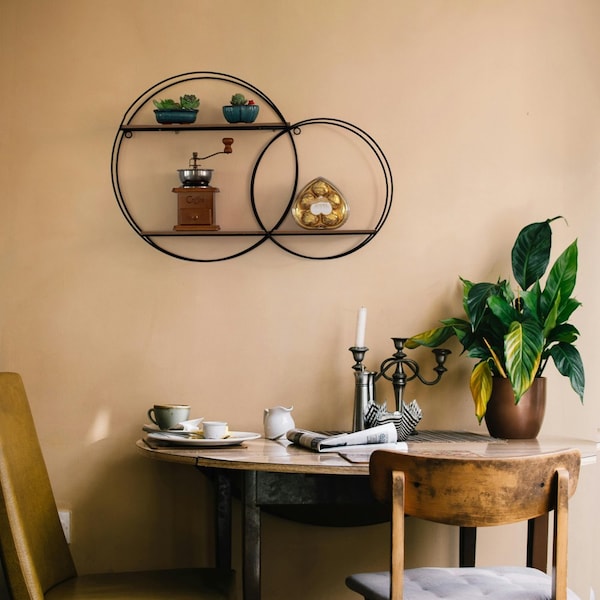 Vintiquewise Interlinked Round Wall-Mounted Shelf - Dual-Size Circular Design, Sturdy Metal Frame and - QI004691.RO2