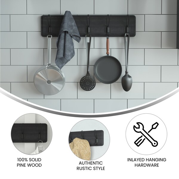 Flash Furniture Daly Wall Mounted 24in Black Wash Solid Pine Wood Storage Rack with 5 Hooks - HGWA-SCR-5-BLKWSH-GG