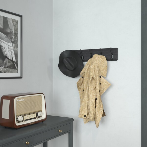Flash Furniture Daly Wall Mounted 24in Black Wash Solid Pine Wood Storage Rack with 5 Hooks - HGWA-SCR-5-BLKWSH-GG