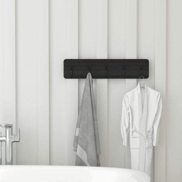 Flash Furniture Daly Wall Mounted 24in Black Wash Solid Pine Wood Storage Rack with 5 Hooks - HGWA-SCR-5-BLKWSH-GG