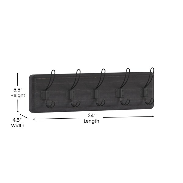 Flash Furniture Daly Wall Mounted 24in Black Wash Solid Pine Wood Storage Rack with 5 Hooks - HGWA-SCR-5-BLKWSH-GG