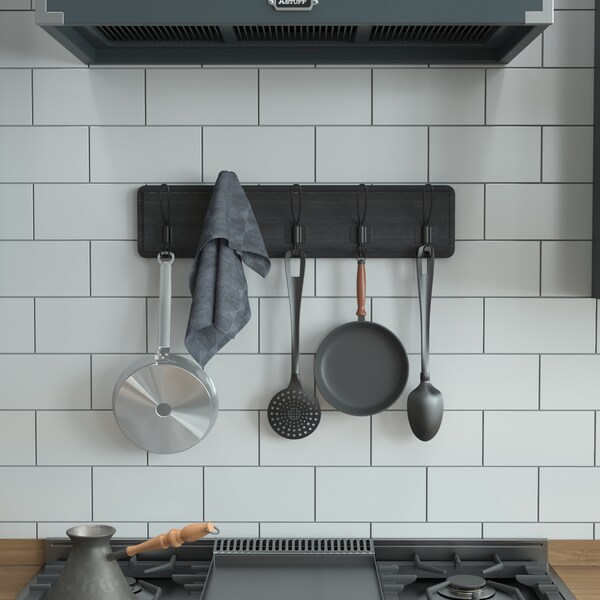 Flash Furniture Daly Wall Mounted 24in Black Wash Solid Pine Wood Storage Rack with 5 Hooks - HGWA-SCR-5-BLKWSH-GG