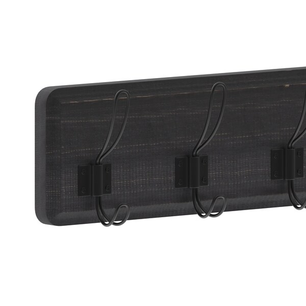 Flash Furniture Daly Wall Mounted 24in Black Wash Solid Pine Wood Storage Rack with 5 Hooks - HGWA-SCR-5-BLKWSH-GG