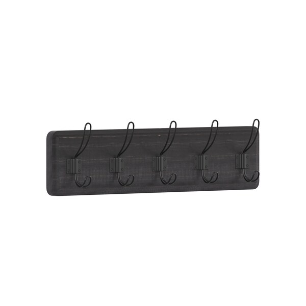 Flash Furniture Daly Wall Mounted 24in Black Wash Solid Pine Wood Storage Rack with 5 Hooks - HGWA-SCR-5-BLKWSH-GG