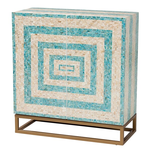 Baxton Studio Utari Modern Bohemian Two-Tone Beige and Blue Mother of Pearl and Gold Metal Storage Cabinet - 240-13477-ZORO