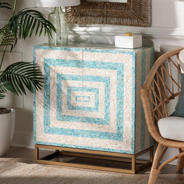 Baxton Studio Utari Modern Bohemian Two-Tone Beige and Blue Mother of Pearl and Gold Metal Storage Cabinet - 240-13477-ZORO
