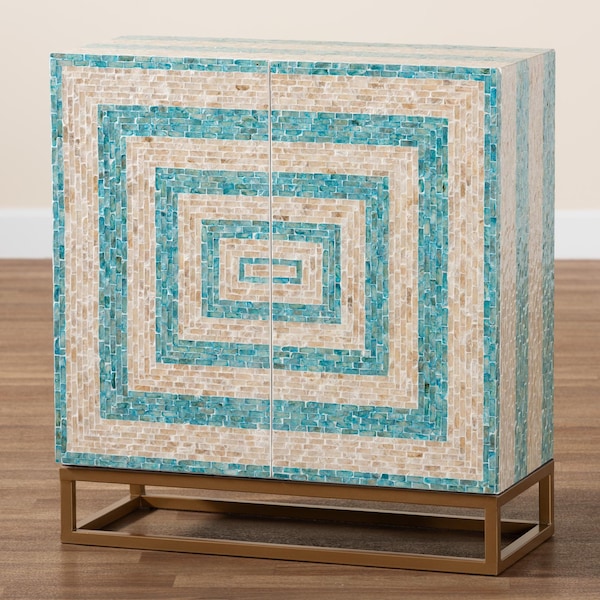 Baxton Studio Utari Modern Bohemian Two-Tone Beige and Blue Mother of Pearl and Gold Metal Storage Cabinet - 240-13477-ZORO