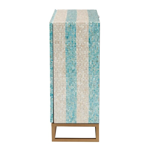Baxton Studio Utari Modern Bohemian Two-Tone Beige and Blue Mother of Pearl and Gold Metal Storage Cabinet - 240-13477-ZORO