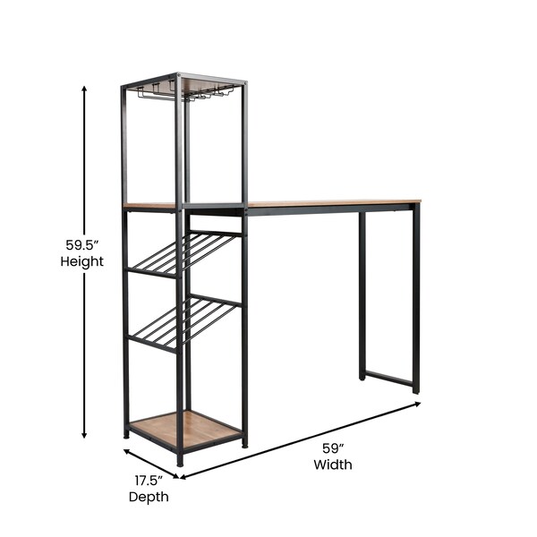 Flash Furniture Jura Metal Bar and Wine Table w/2 Slanted Shelves for Bottle Storage and Hanging Glass, Black Frame - NAN-F-HY-B23102-BLKBRN-GG