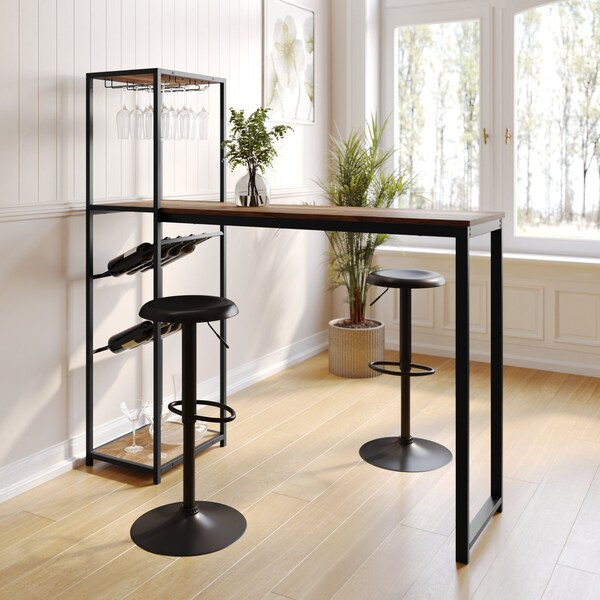 Flash Furniture Jura Metal Bar and Wine Table w/2 Slanted Shelves for Bottle Storage and Hanging Glass, Black Frame - NAN-F-HY-B23102-BLKBRN-GG