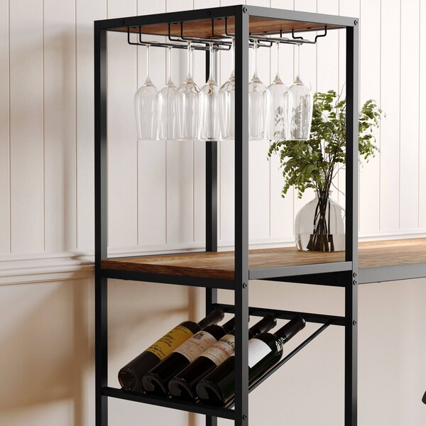 Flash Furniture Jura Metal Bar and Wine Table w/2 Slanted Shelves for Bottle Storage and Hanging Glass, Black Frame - NAN-F-HY-B23102-BLKBRN-GG