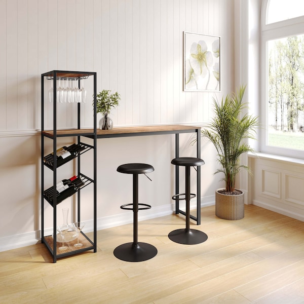 Flash Furniture Jura Metal Bar and Wine Table w/2 Slanted Shelves for Bottle Storage and Hanging Glass, Black Frame - NAN-F-HY-B23102-BLKBRN-GG