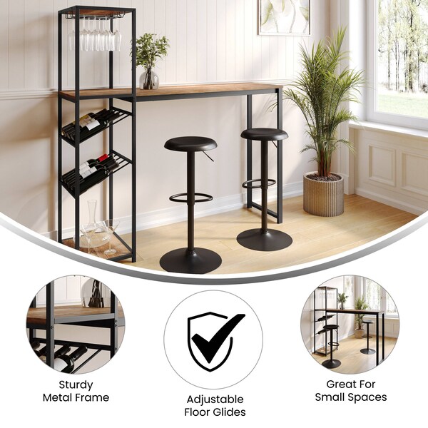 Flash Furniture Jura Metal Bar and Wine Table w/2 Slanted Shelves for Bottle Storage and Hanging Glass, Black Frame - NAN-F-HY-B23102-BLKBRN-GG