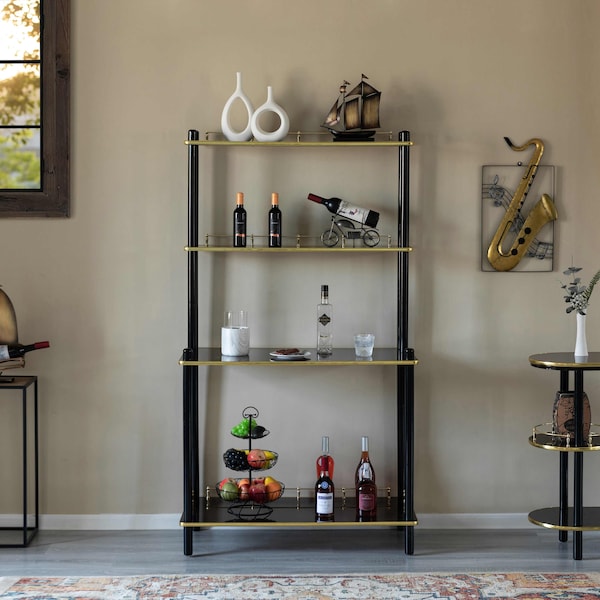 Fabulaxe Modern Display Wooden Console Bar Serving Table with 4 Tiered Open Shelves, Brown - QI004486.BN