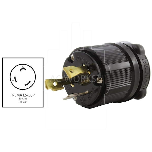 Ac Works NEMA L5-30P 30A 125V 3 Prong Locking Male Plug With UL, C-UL Approval in Black - ASL530P-BK