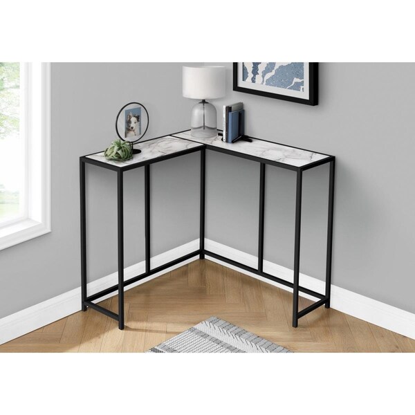 Clean Choice 36 in. L-shaped Corner Metal Frame Console Table, White Marble-look & Black - CL3079080