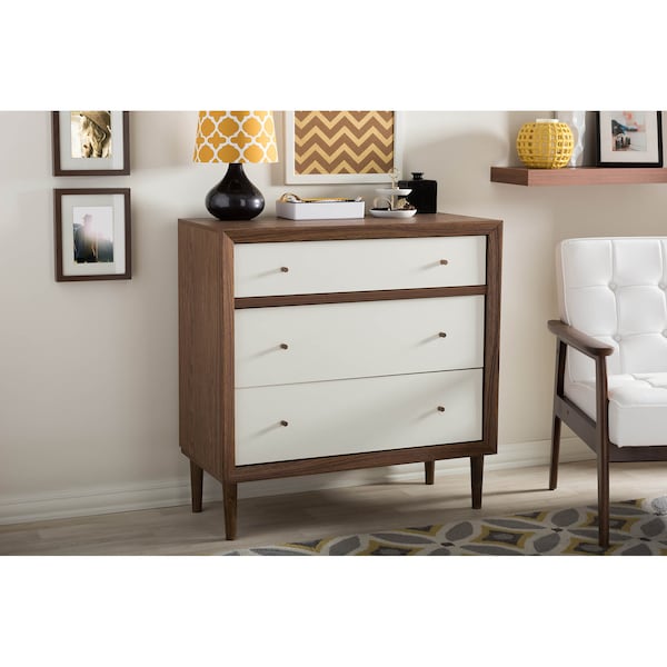 Baxton Studio Harlow Mid-century Modern White and Walnut Wood 3-drawer Chest - 121-6782