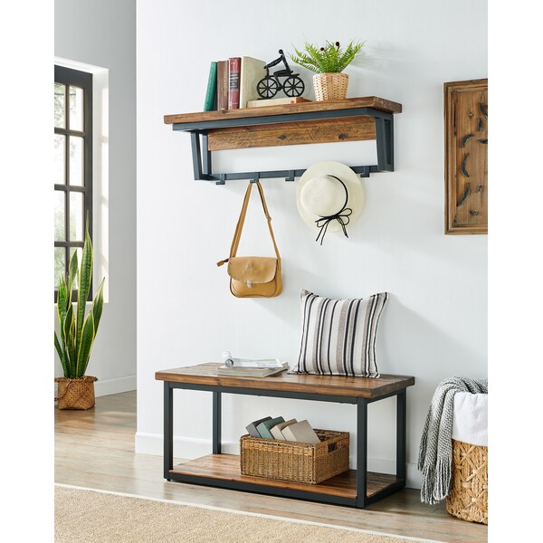 Alaterre Furniture Claremont 40"L Rustic Wood Coat Hook with Shelf - ANCM2474