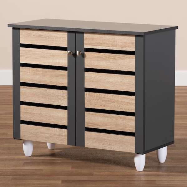 Baxton Studio Gisela Two-Tone Oak and Dark Gray 2-Door Shoe Storage Cabinet - 152-9172