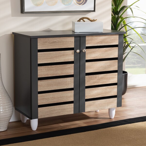 Baxton Studio Gisela Two-Tone Oak and Dark Gray 2-Door Shoe Storage Cabinet - 152-9172