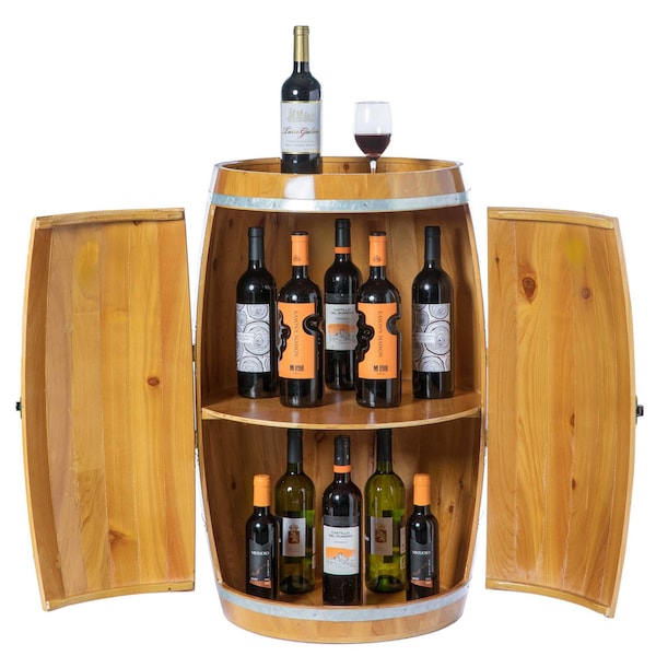 Vintiquewise Wooden Wine Barrel Shaped Wine Holder, Bar Storage Lockable Storage Cabinet - QI003771