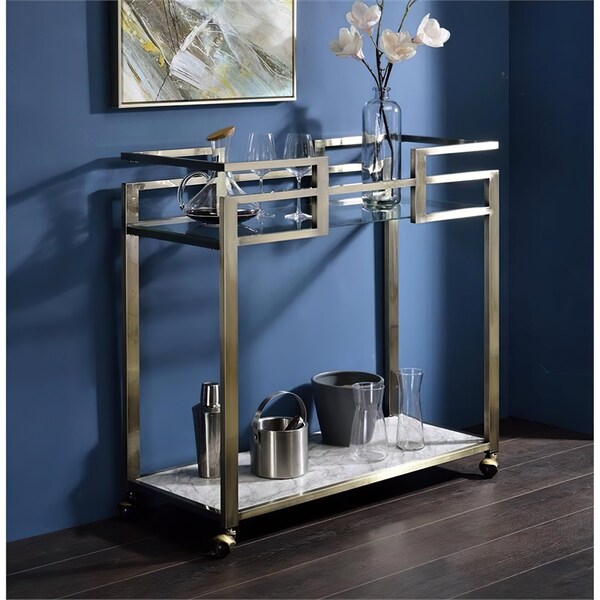 Acme Metal Frame Serving Cart with Glass Top Shelf in Clear and Wire Brass - ER-0173CL