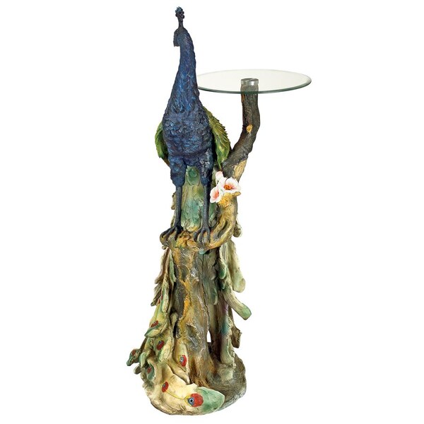 Design Toscano Peacock's Perch Sculptural Glass-Topped Pedestal Table - KY625
