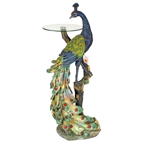 Design Toscano Peacock's Perch Sculptural Glass-Topped Pedestal Table - KY625