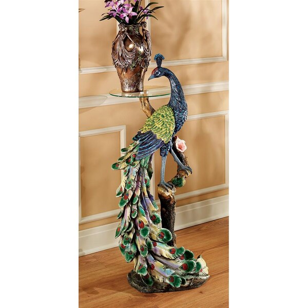 Design Toscano Peacock's Perch Sculptural Glass-Topped Pedestal Table - KY625