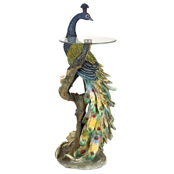 Design Toscano Peacock's Perch Sculptural Glass-Topped Pedestal Table - KY625