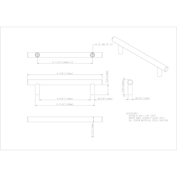 Elements By Hardware Resources 128 mm Center-to-Center Hollow Stainless Steel Naples Cabinet Bar Pull - 174SS