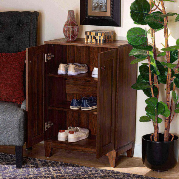 Baxton Studio Nissa Modern and Contemporary Walnut Brown Finished Wood 2-Door Shoe Storage Cabinet - 178-11218-ZORO