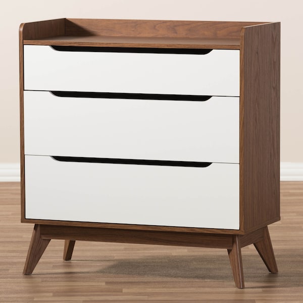Baxton Studio Brighton Mid-Century White and Walnut Wood 3-Drawer Storage Chest - 137-7494