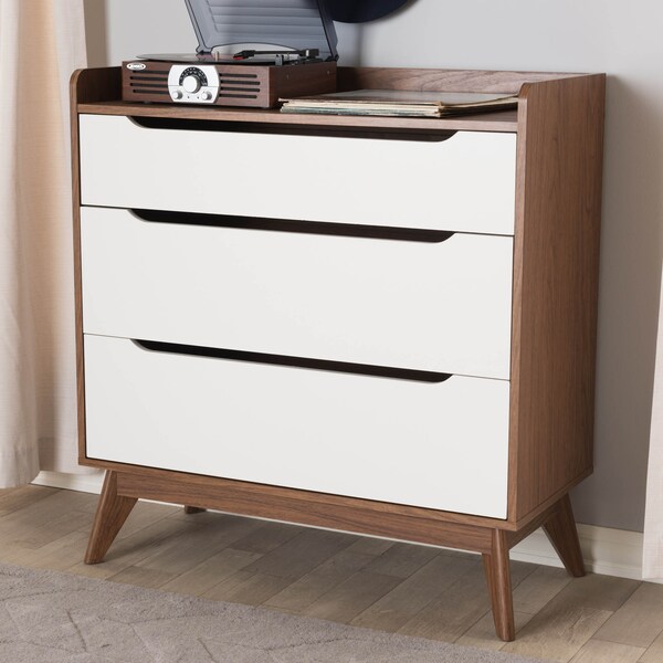 Baxton Studio Brighton Mid-Century White and Walnut Wood 3-Drawer Storage Chest - 137-7494