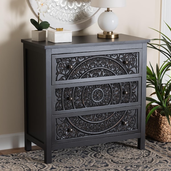 Baxton Studio Yelena Classic and Traditional Black Finished Wood 3-Drawer Storage Cabinet - 236-13337-ZORO